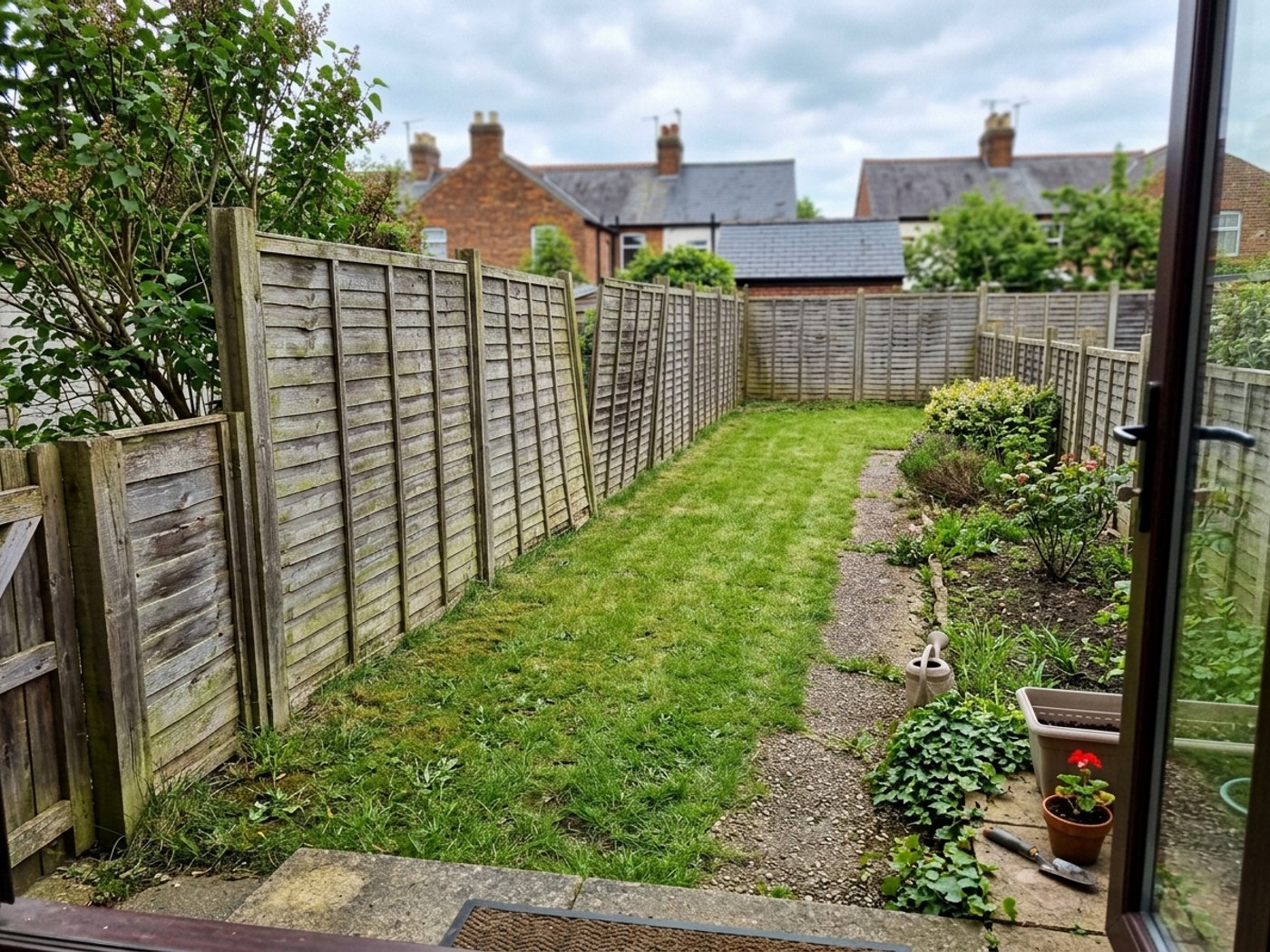 A back garden with an old, weathered fence